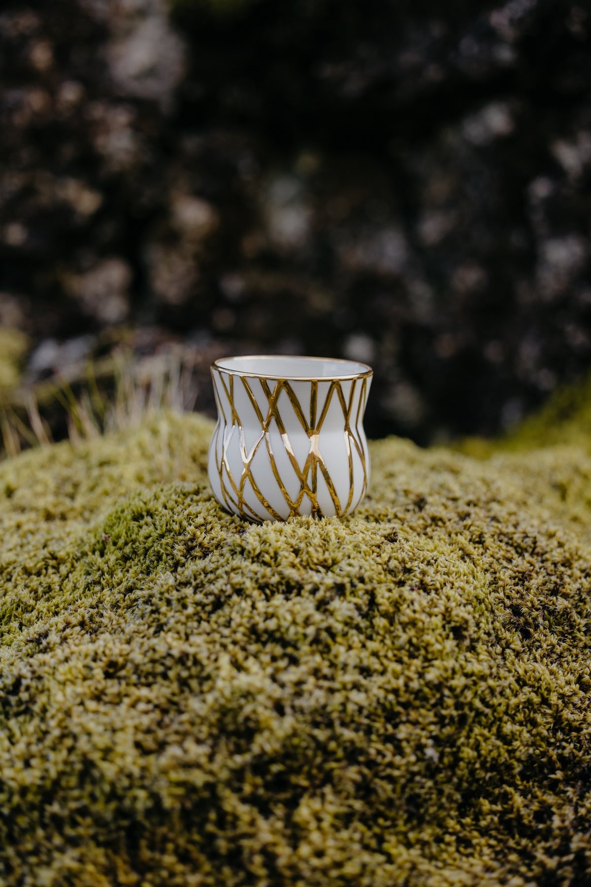 White porcelain cup with a hand-painted gold pattern on moss in Grindavík, Iceland.